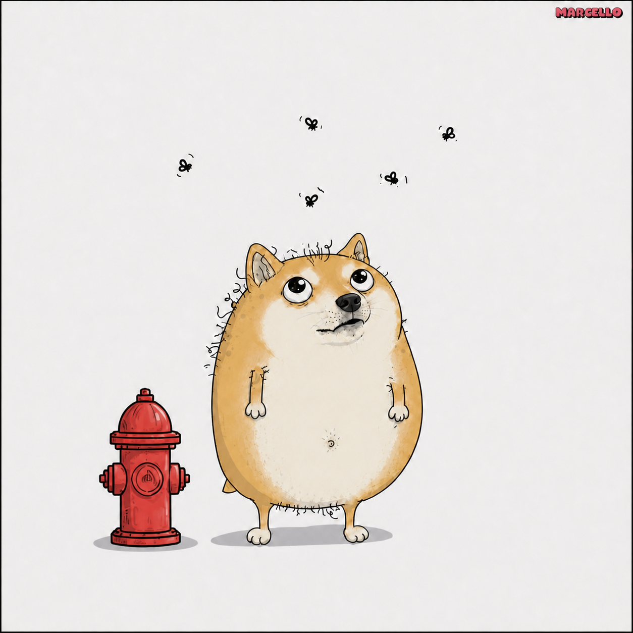 DOGETACIO — a very round shiba inu standing next to a red fire hydrant